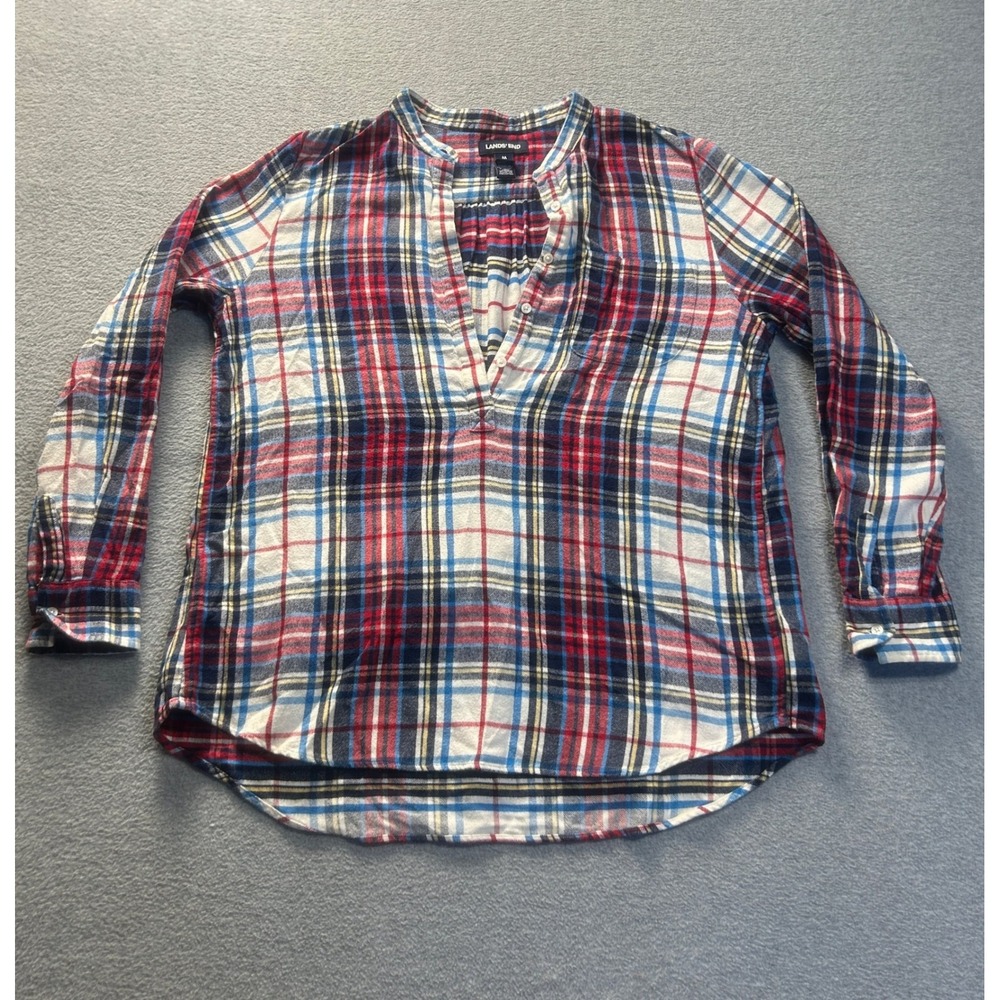 Lands' End Flannel Popover Shirt Womens Medium Plaid Red Blue White Button Front